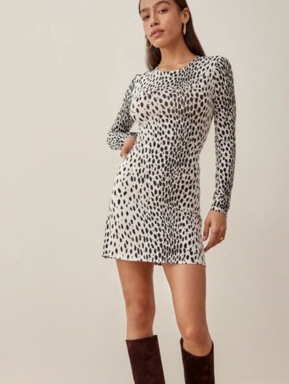 Reformation Kenmare Dress S Black and White Spot Print Long Sleeve S Animal